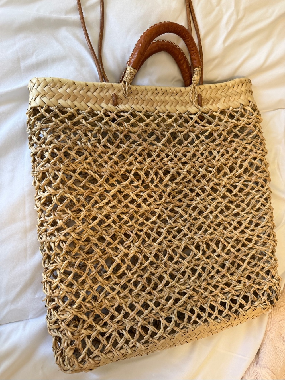 Woven Straw Tote with Brown Leather-Wrapped Handles - Picture 3 of 12